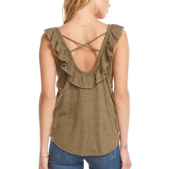 Chaser VINTAGE TRIBLEND RUFFLE CROSS BACK Top Sage - Picture 2 of 2